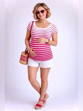 Motherhood Maternity Pink & White Striped Ribbed Stretchy Blouse Cap Sleeves XL